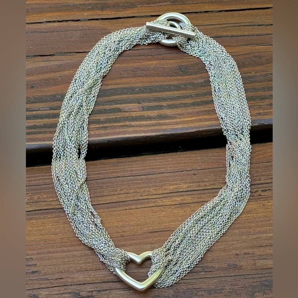 Tiffany & Co 925 multi strand mesh toggle necklace sterling silver heart pendant